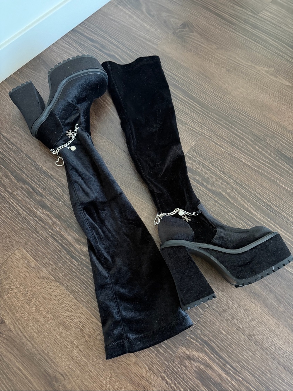 Dolls Kill BRATZ Black Velvet Over-the-Knee Platform Boots with Chain Accent